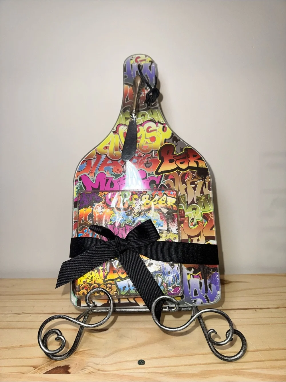 Graffiti-Print Cheese Serving Board Set with Knife and Napkins